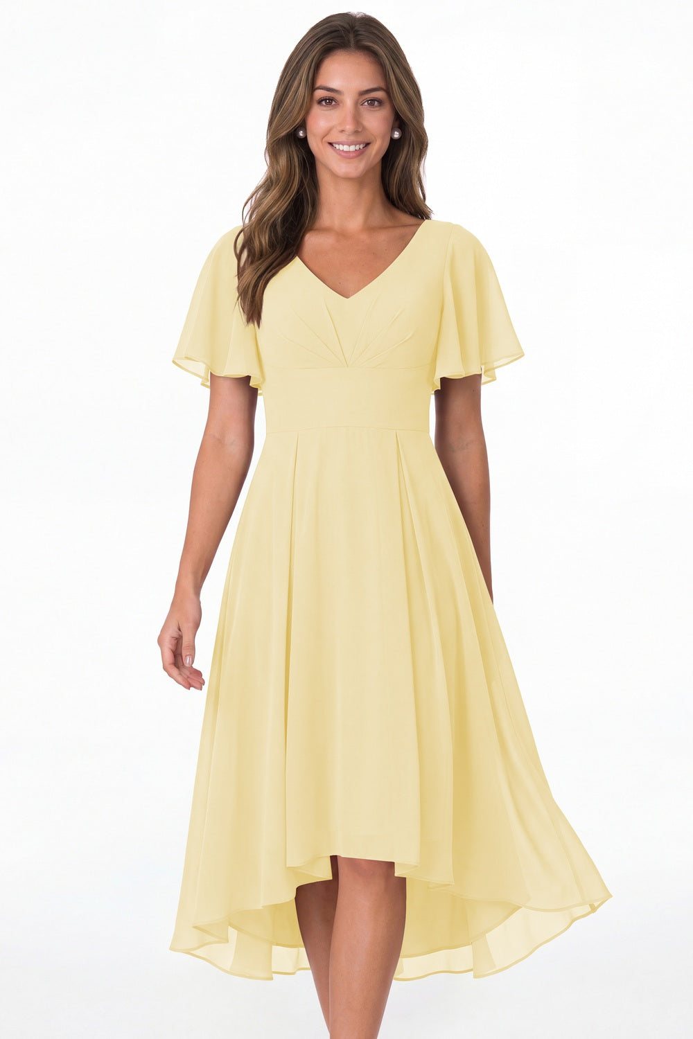 Butter Yellow V Neck High Low Flutter Sleeve Chiffon Midi Dress - Front View