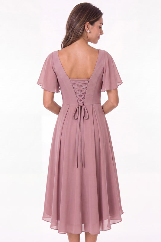 V Neck High Low Flutter Sleeve Chiffon Midi Dress - Back View