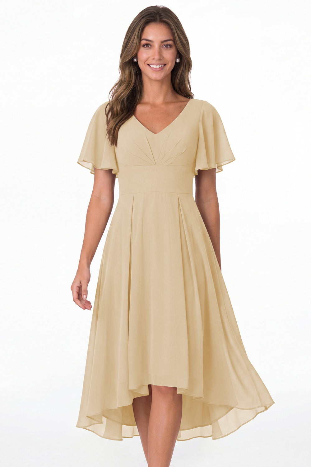 Champagne V Neck High Low Flutter Sleeve Chiffon Midi Dress - Front View