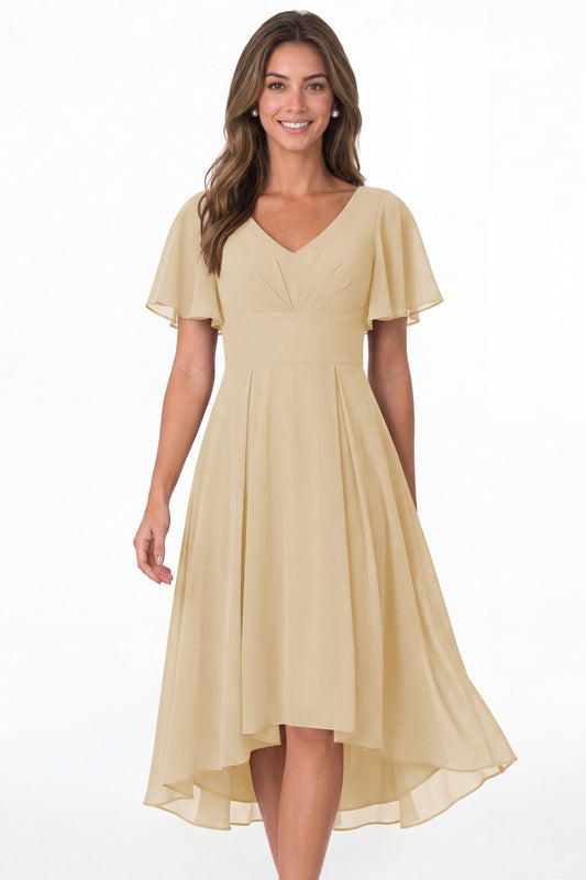 Champagne V Neck High Low Flutter Sleeve Chiffon Midi Dress - Front View