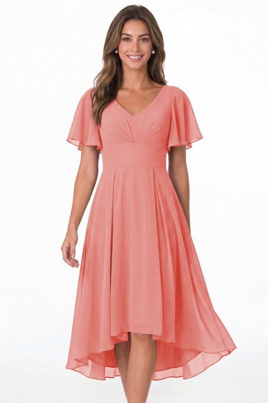Coral V Neck High Low Flutter Sleeve Chiffon Midi Dress - Front View