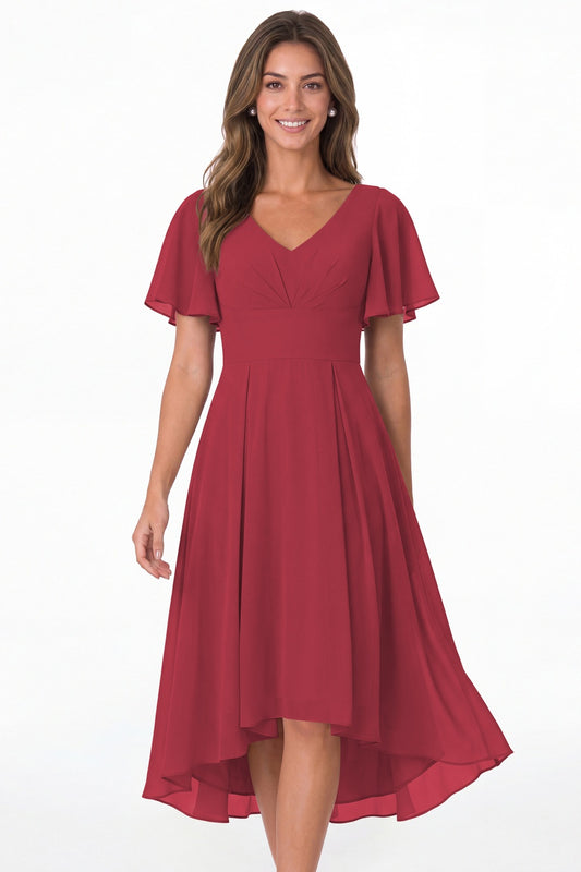 Desert Rose V Neck High Low Flutter Sleeve Chiffon Midi Dress - Front View