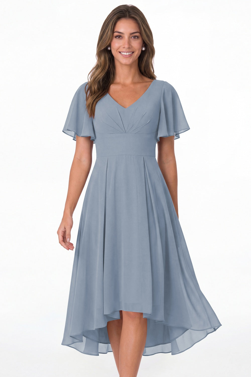 Dusty Blue V Neck High Low Flutter Sleeve Chiffon Midi Dress - Front View