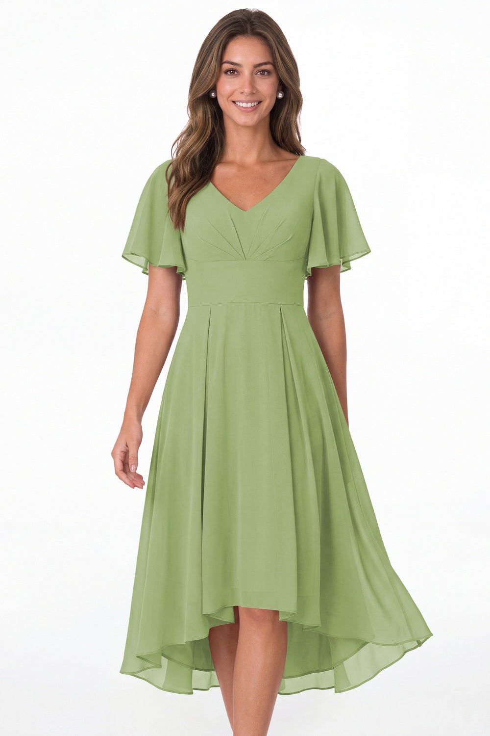 Dusty Sage V Neck High Low Flutter Sleeve Chiffon Midi Dress - Front View