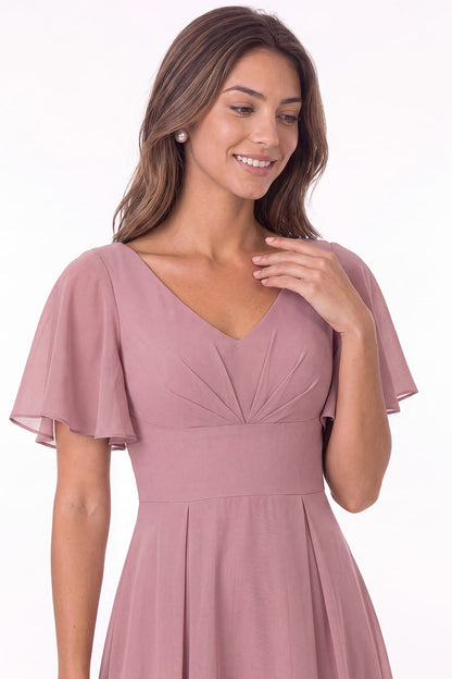V Neck High Low Flutter Sleeve Chiffon Midi Dress - Detail View 1