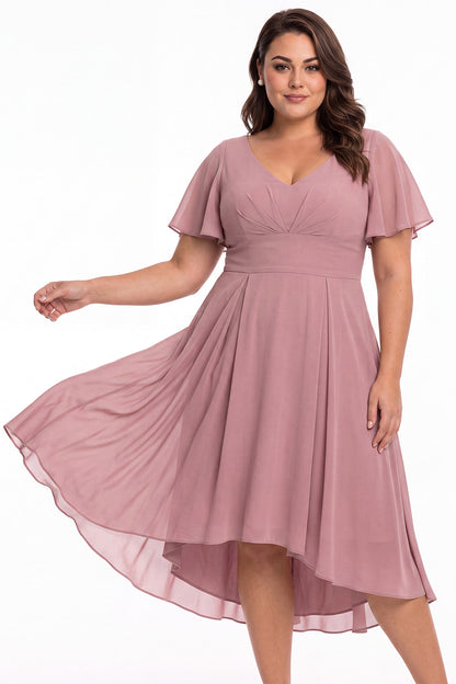 V Neck High Low Flutter Sleeve Chiffon Midi Dress - Detail View 2