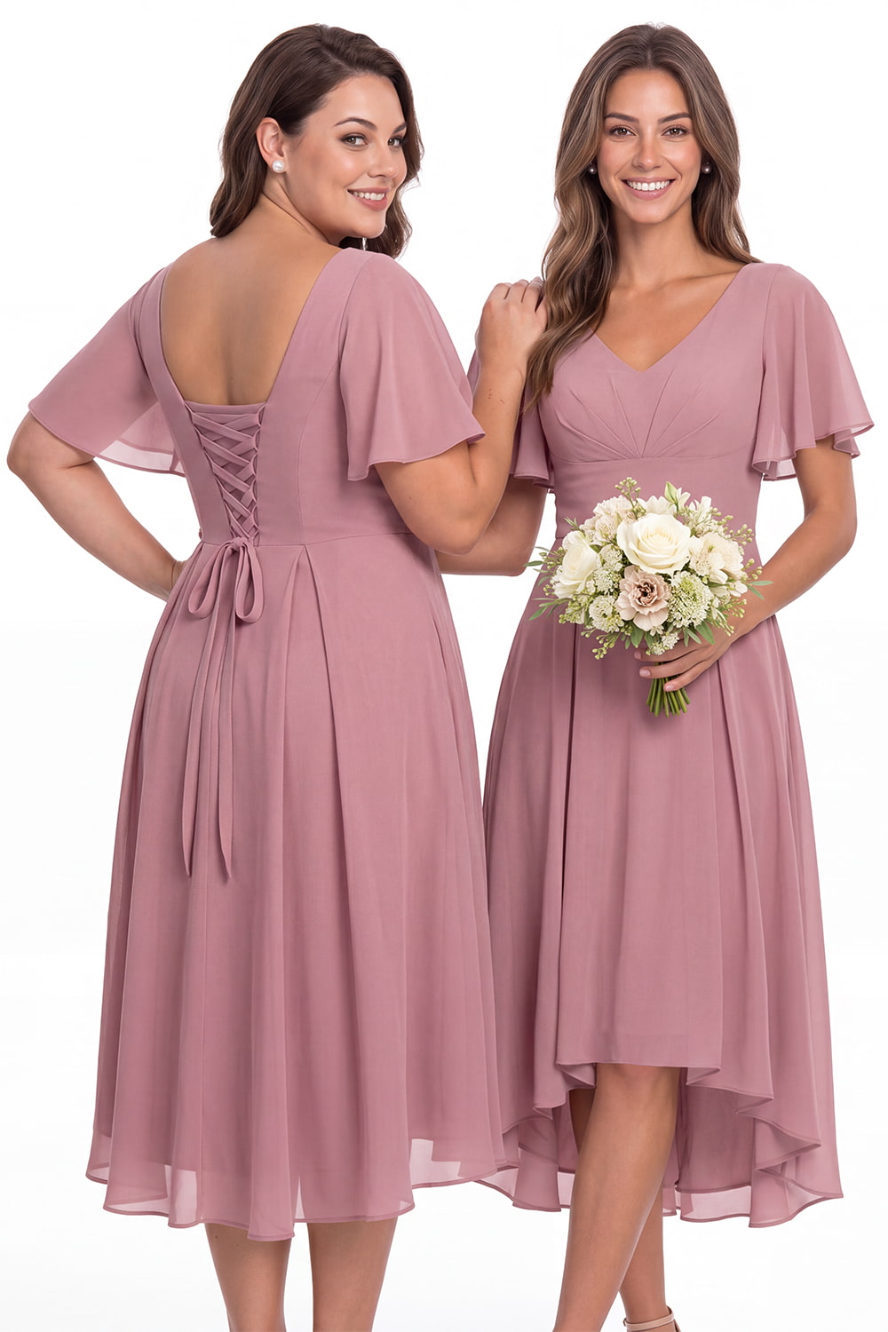 V Neck High Low Flutter Sleeve Chiffon Midi Dress - Detail View 3