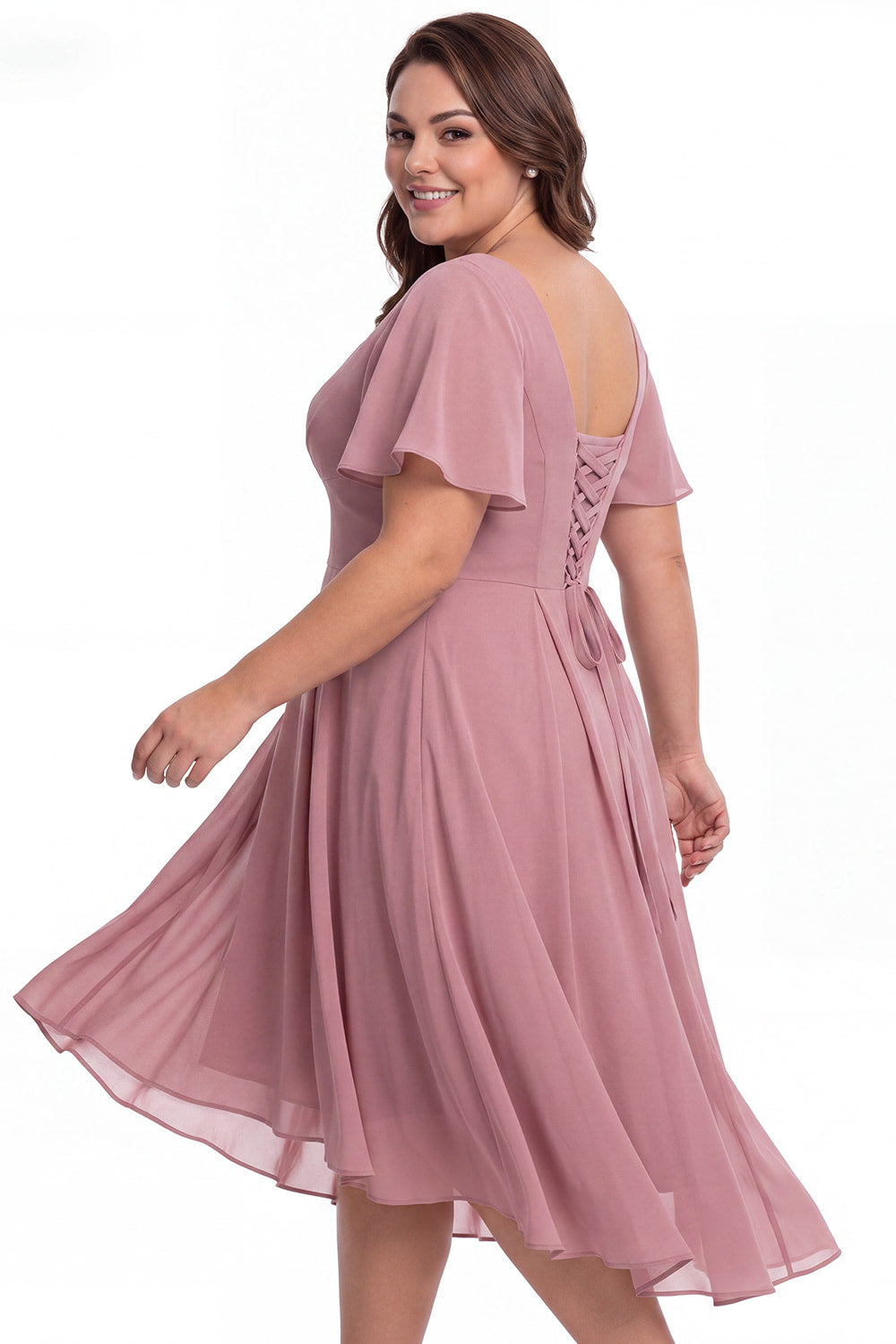 V Neck High Low Flutter Sleeve Chiffon Midi Dress - Detail View 4