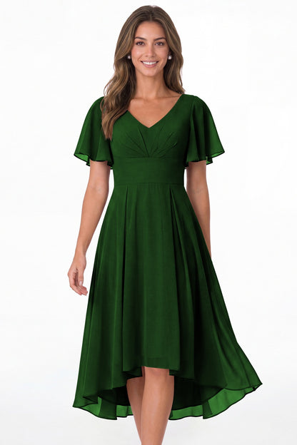 Emerald Green V Neck High Low Flutter Sleeve Chiffon Midi Dress - Front View