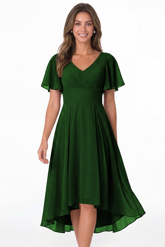 Emerald Green V Neck High Low Flutter Sleeve Chiffon Midi Dress - Front View