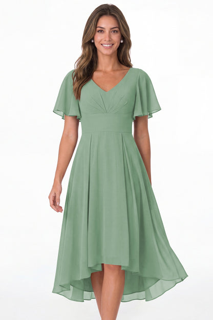 Eucalyptus V Neck High Low Flutter Sleeve Chiffon Midi Dress - Front View