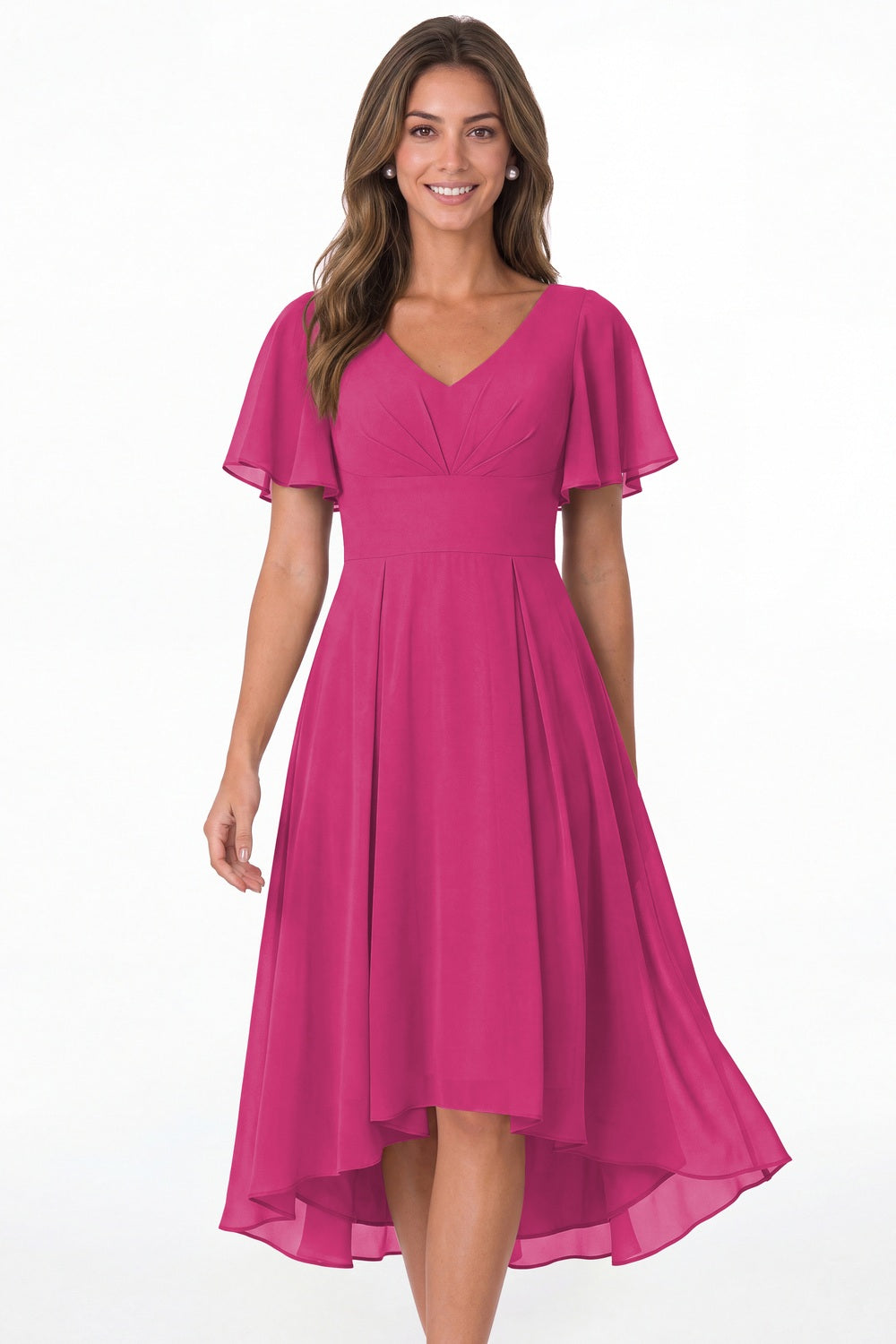 Fuchsia V Neck High Low Flutter Sleeve Chiffon Midi Dress - Front View