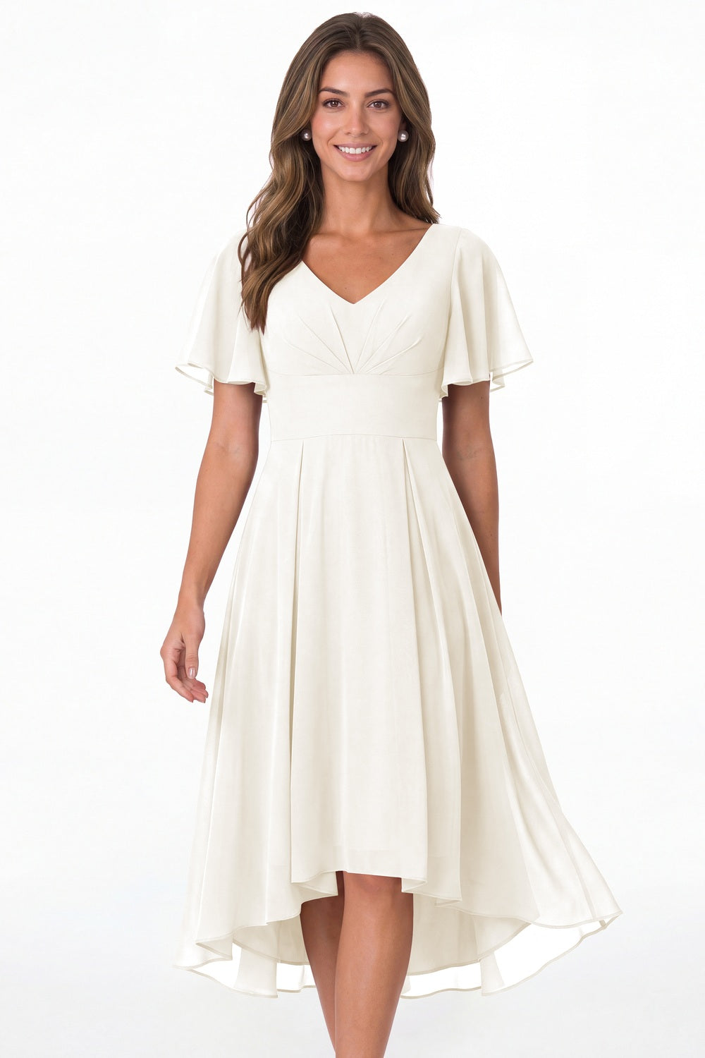 Ivory V Neck High Low Flutter Sleeve Chiffon Midi Dress - Front View