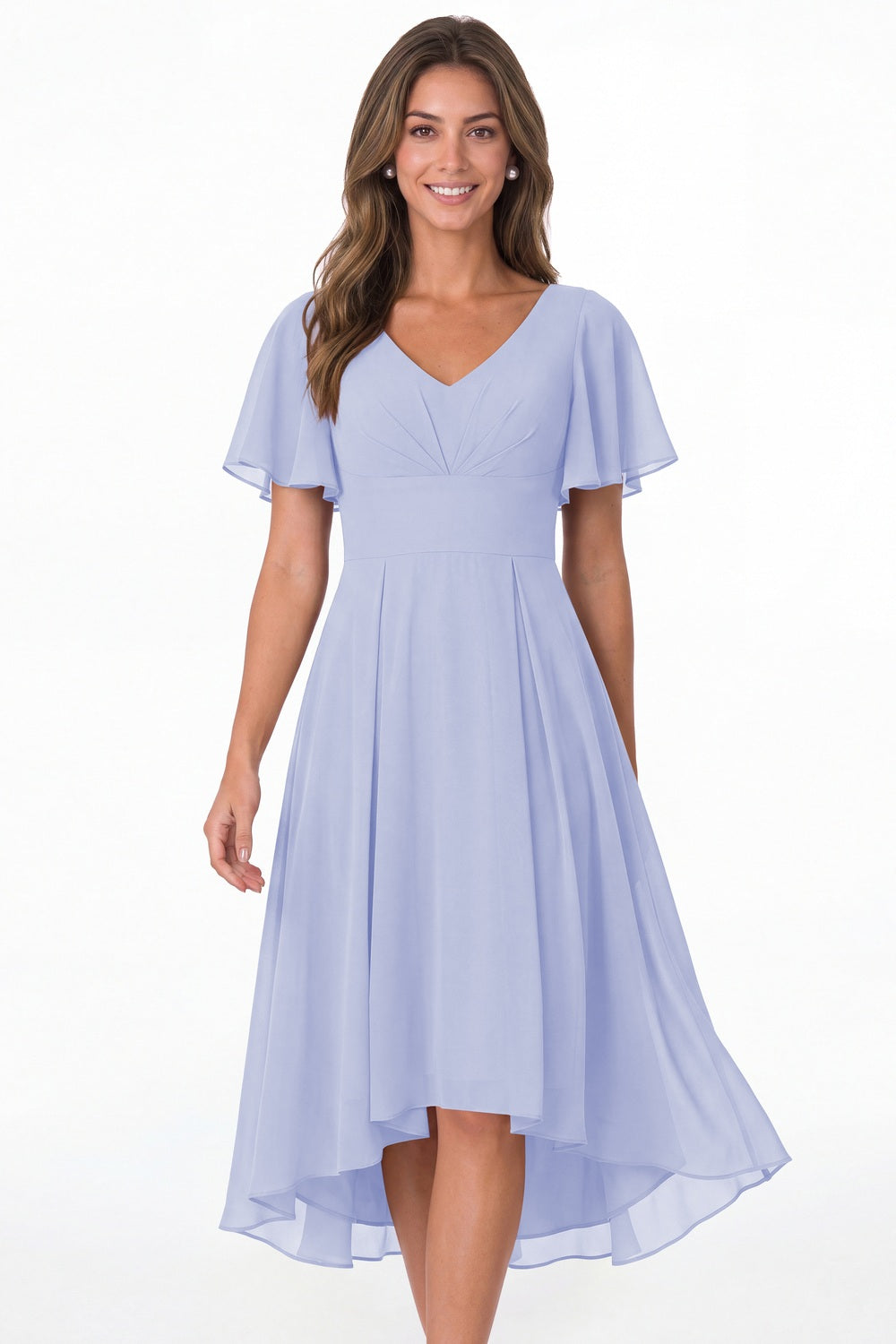Lavender V Neck High Low Flutter Sleeve Chiffon Midi Dress - Front View