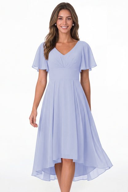 Lavender V Neck High Low Flutter Sleeve Chiffon Midi Dress - Front View