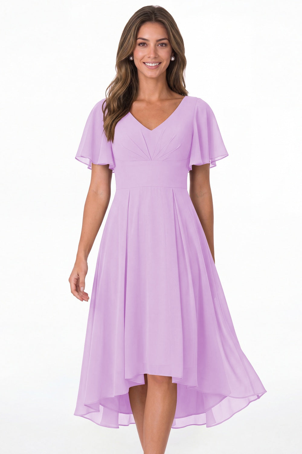 Lilac V Neck High Low Flutter Sleeve Chiffon Midi Dress - Front View