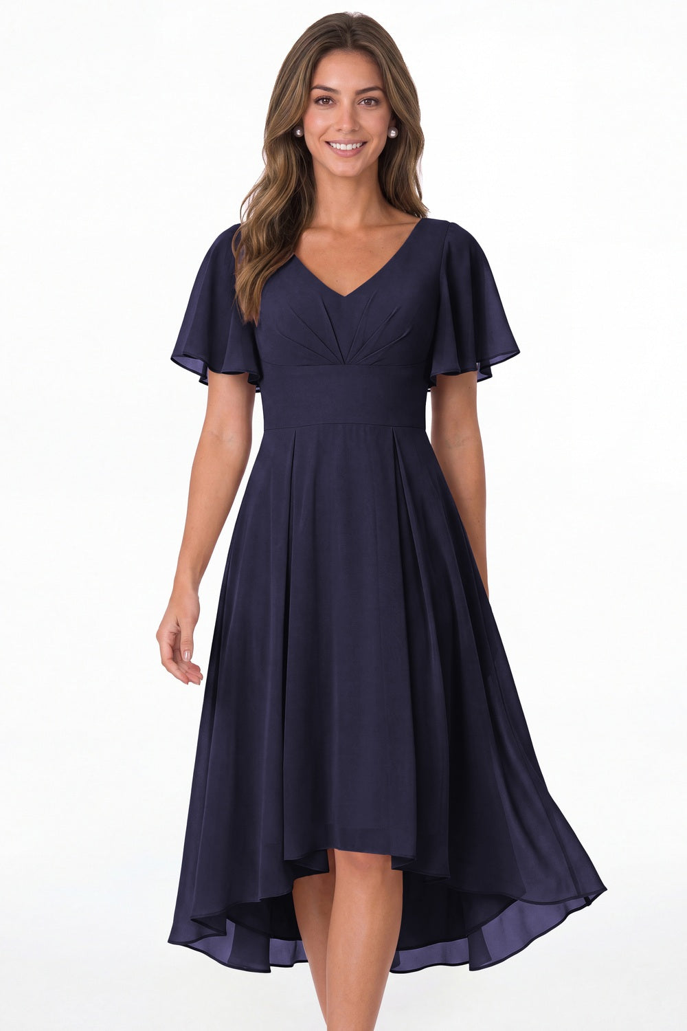 Navy Blue V Neck High Low Flutter Sleeve Chiffon Midi Dress - Front View
