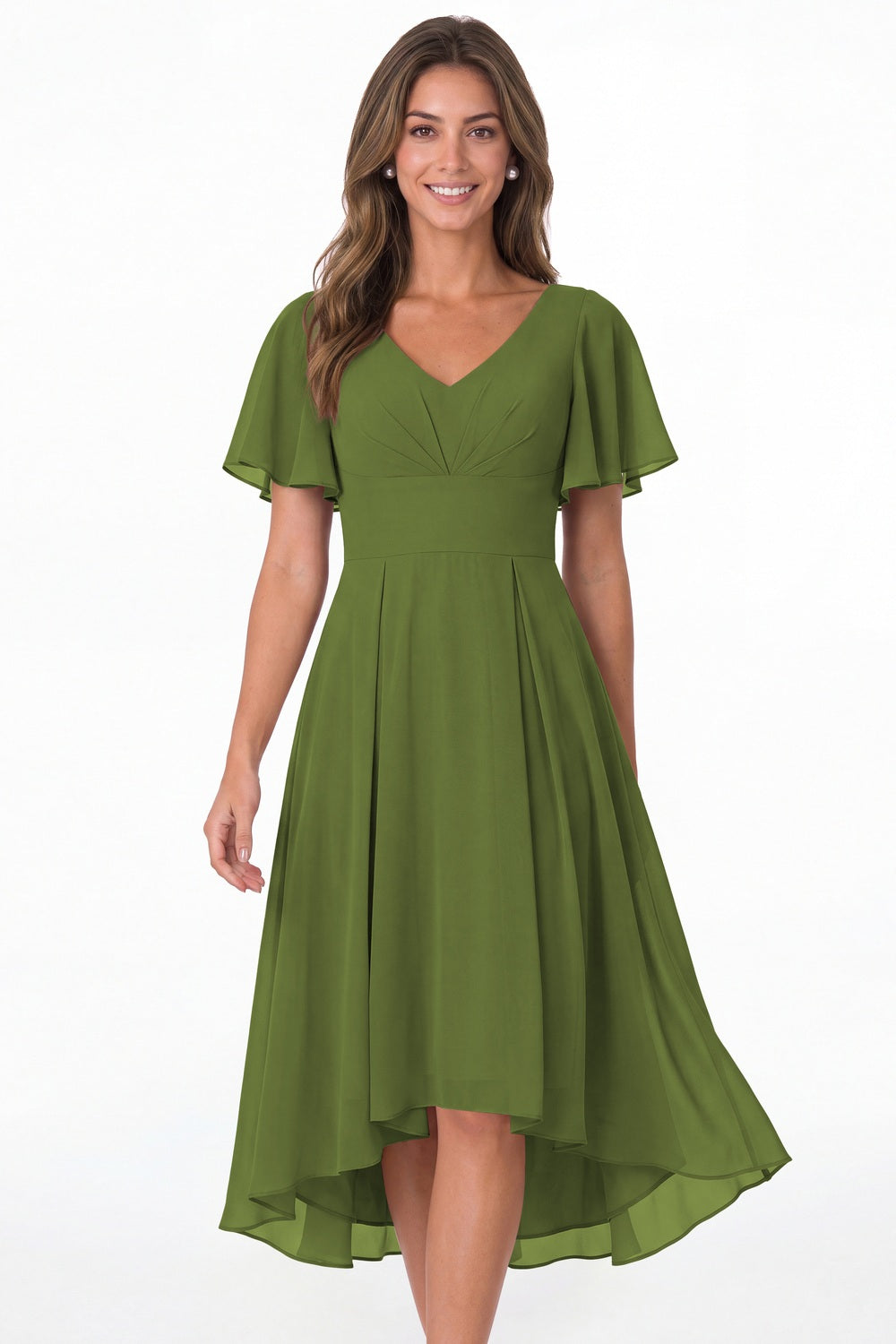 Olive Green V Neck High Low Flutter Sleeve Chiffon Midi Dress - Front View
