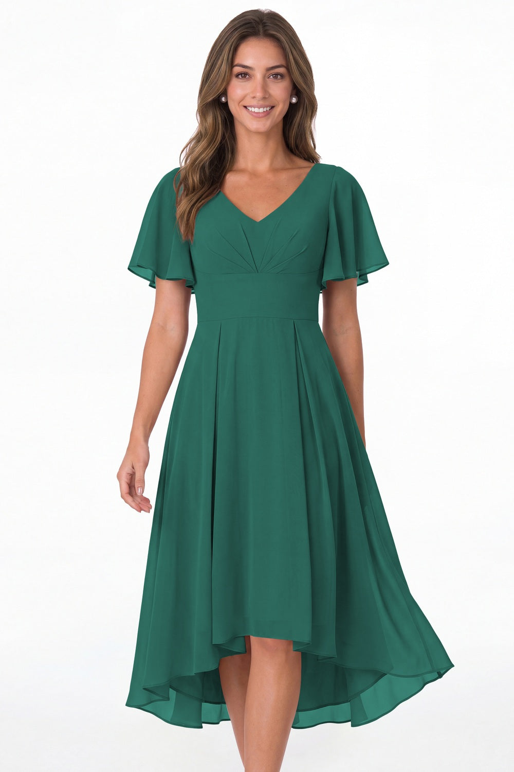 Peacock V Neck High Low Flutter Sleeve Chiffon Midi Dress - Front View