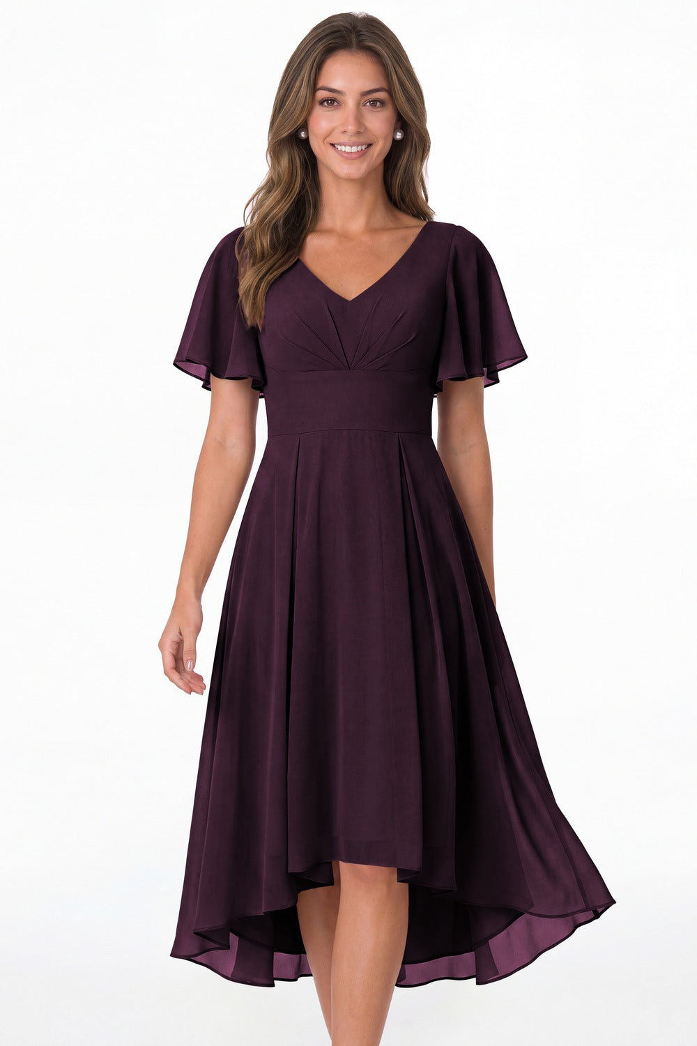 Plum V Neck High Low Flutter Sleeve Chiffon Midi Dress - Front View