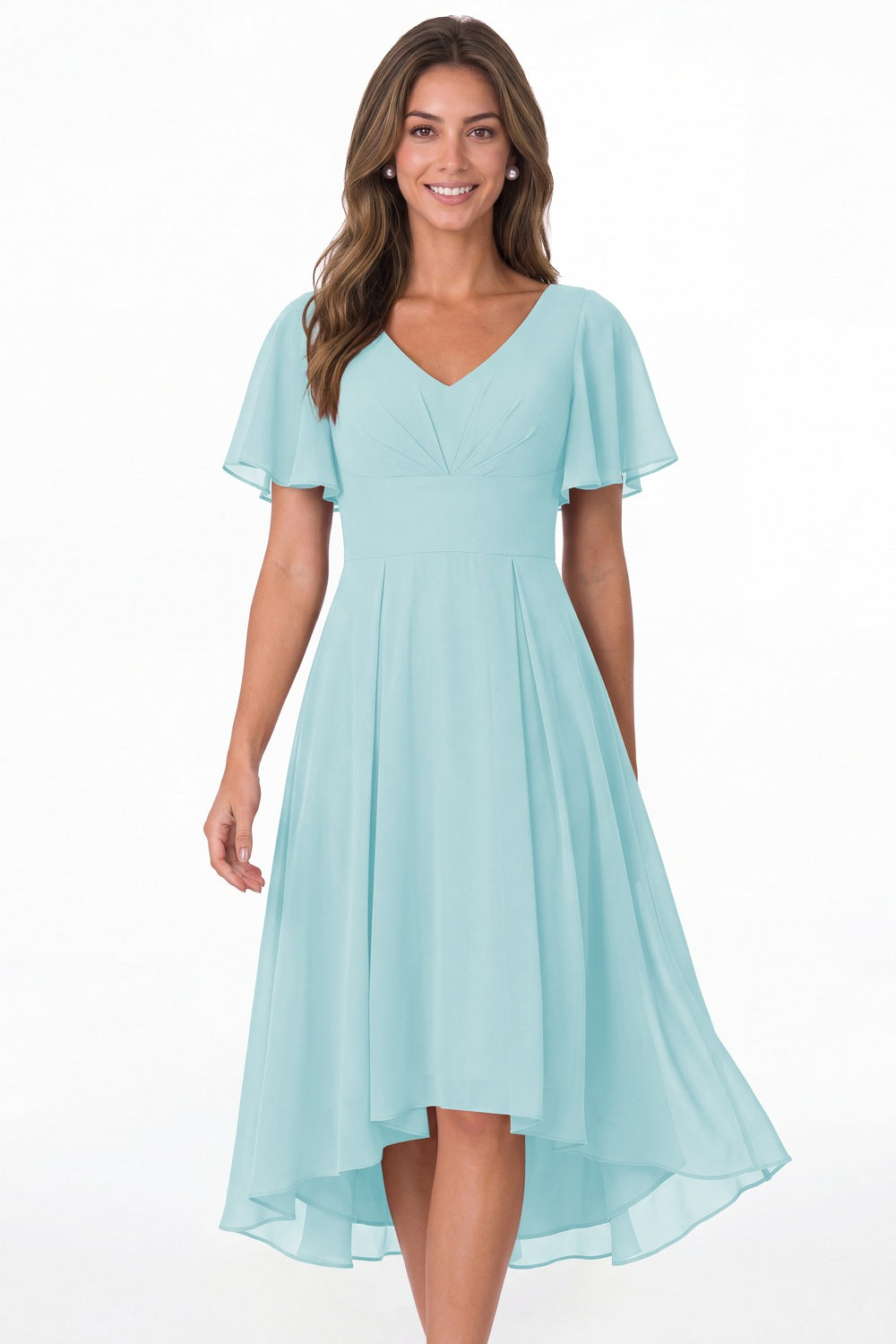 Powder Blue V Neck High Low Flutter Sleeve Chiffon Midi Dress - Front View