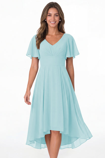 Powder Blue V Neck High Low Flutter Sleeve Chiffon Midi Dress - Front View