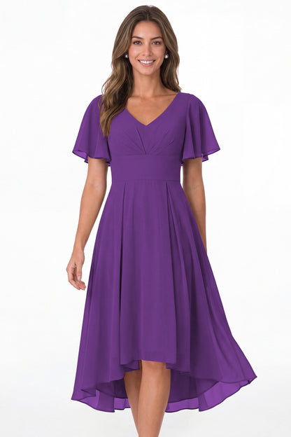Purple V Neck High Low Flutter Sleeve Chiffon Midi Dress - Front View