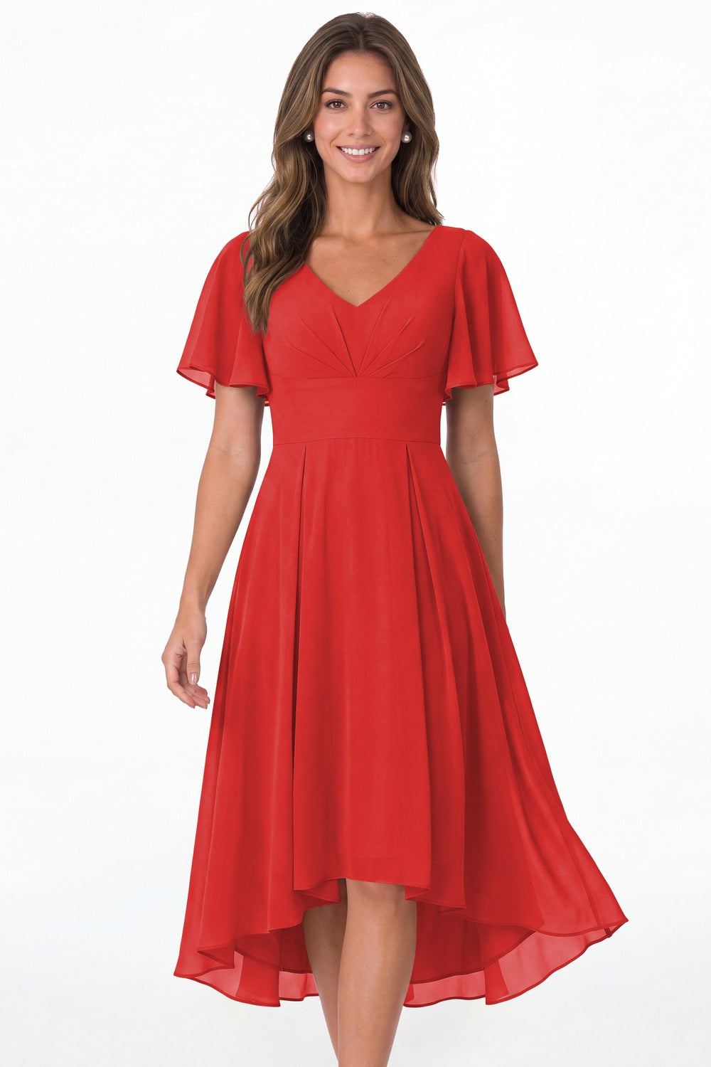 Red V Neck High Low Flutter Sleeve Chiffon Midi Dress - Front View