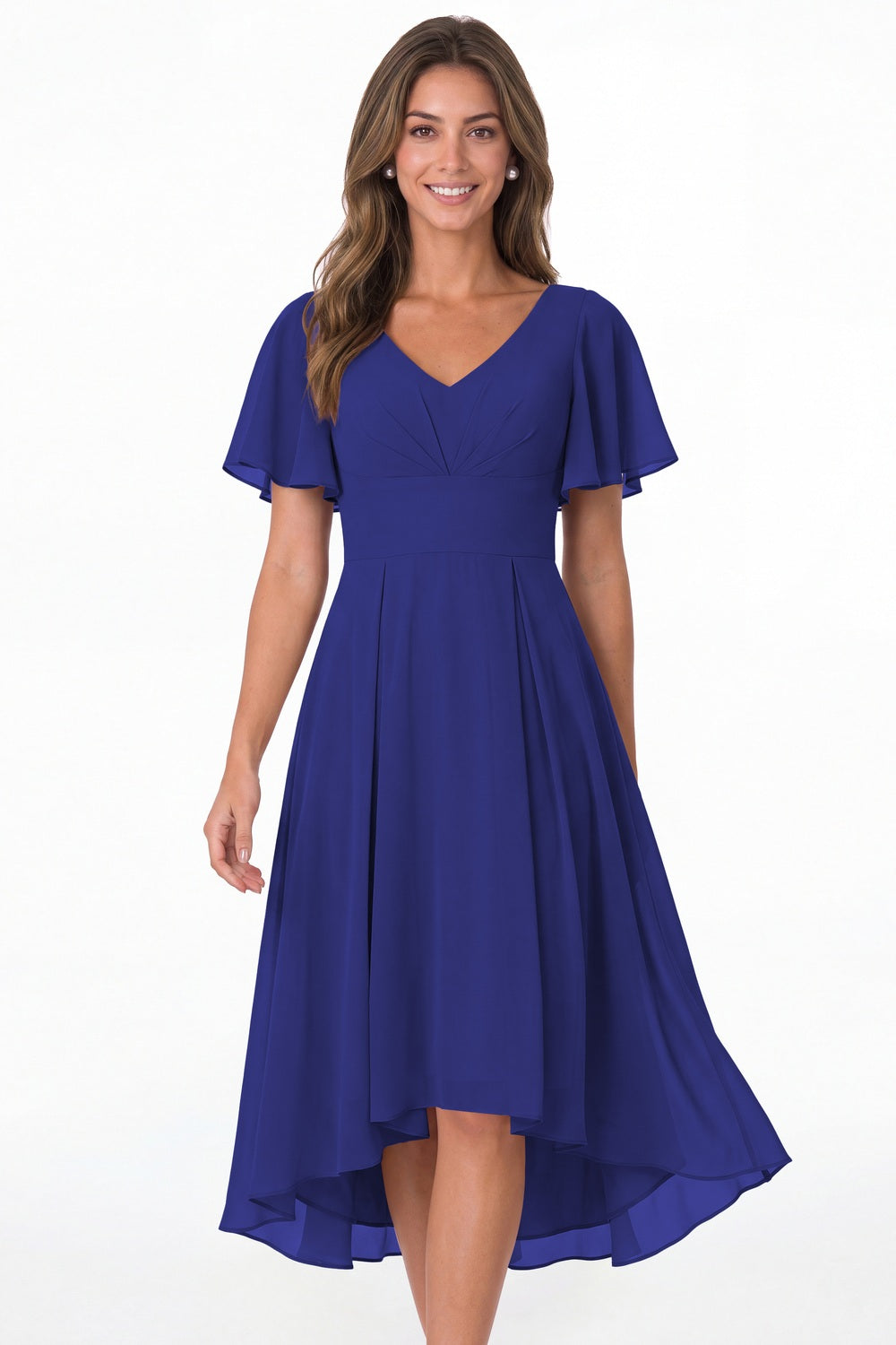 Royal Blue V Neck High Low Flutter Sleeve Chiffon Midi Dress - Front View