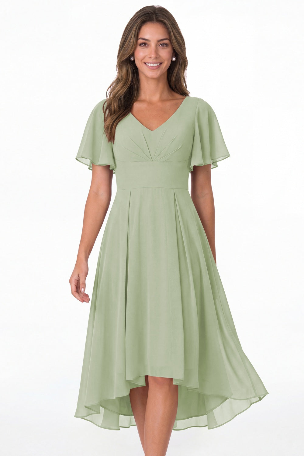 Sage Green V Neck High Low Flutter Sleeve Chiffon Midi Dress - Front View