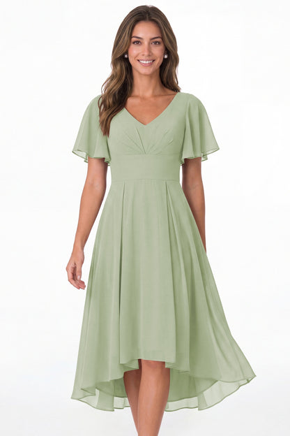 Sage Green V Neck High Low Flutter Sleeve Chiffon Midi Dress - Front View