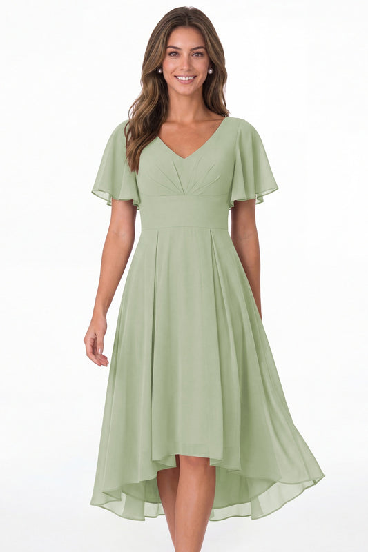 Sage Green V Neck High Low Flutter Sleeve Chiffon Midi Dress - Front View