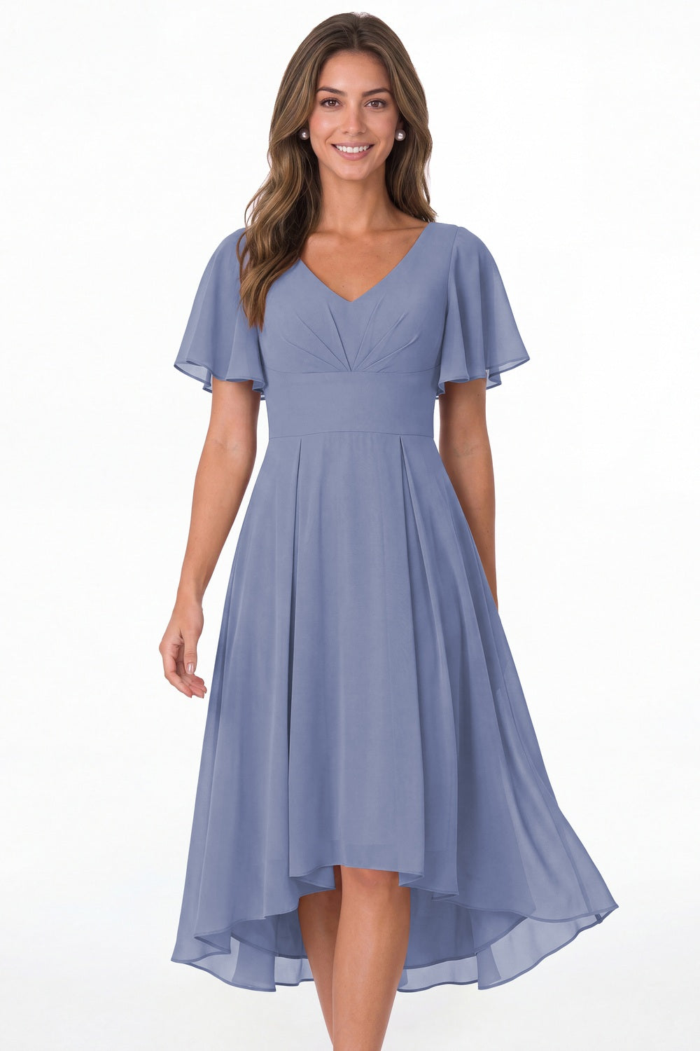 Steel Blue V Neck High Low Flutter Sleeve Chiffon Midi Dress - Front View