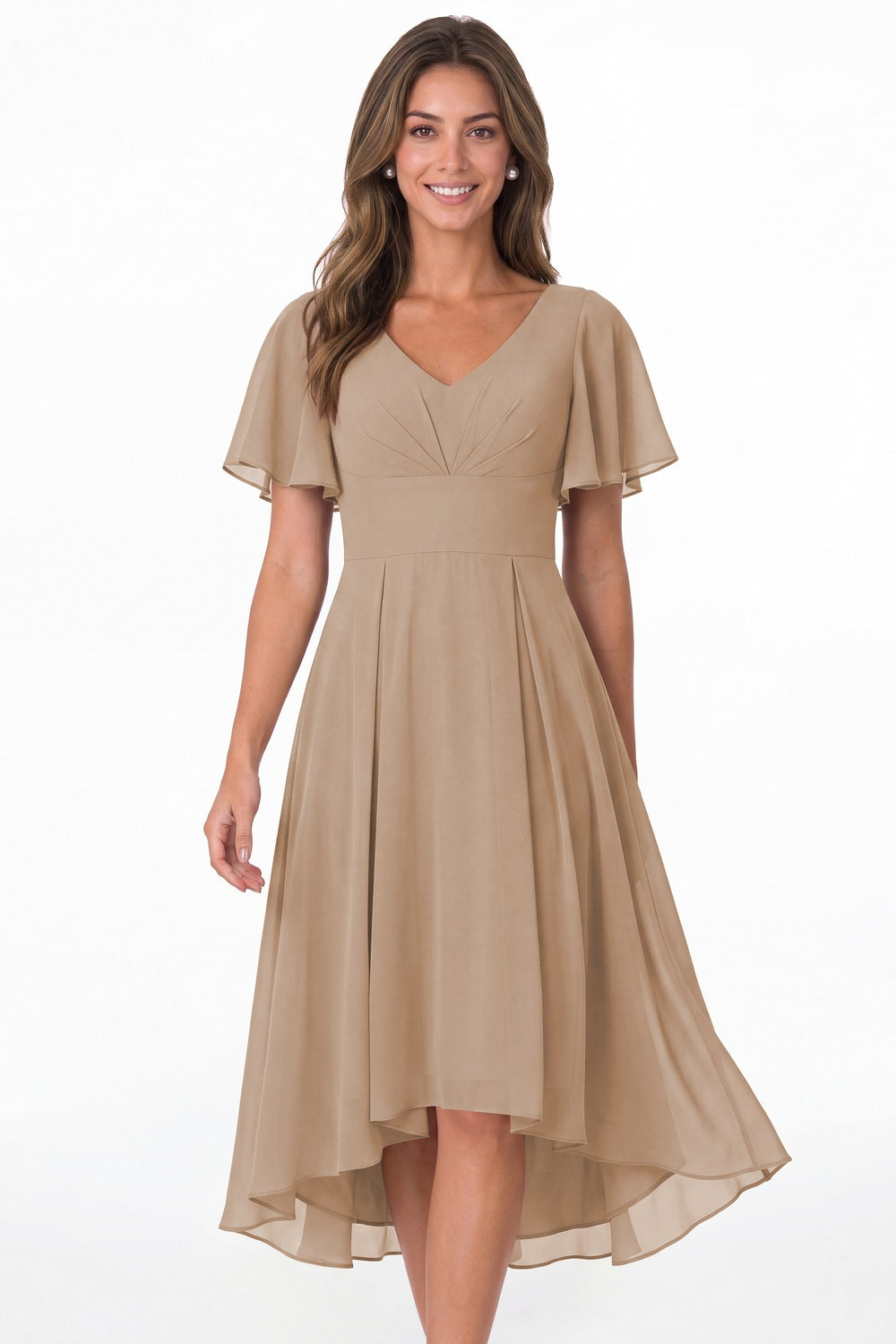 Taupe V Neck High Low Flutter Sleeve Chiffon Midi Dress - Front View