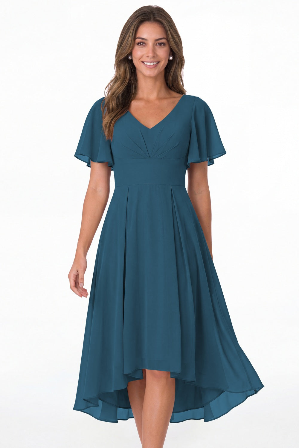 Teal V Neck High Low Flutter Sleeve Chiffon Midi Dress - Front View