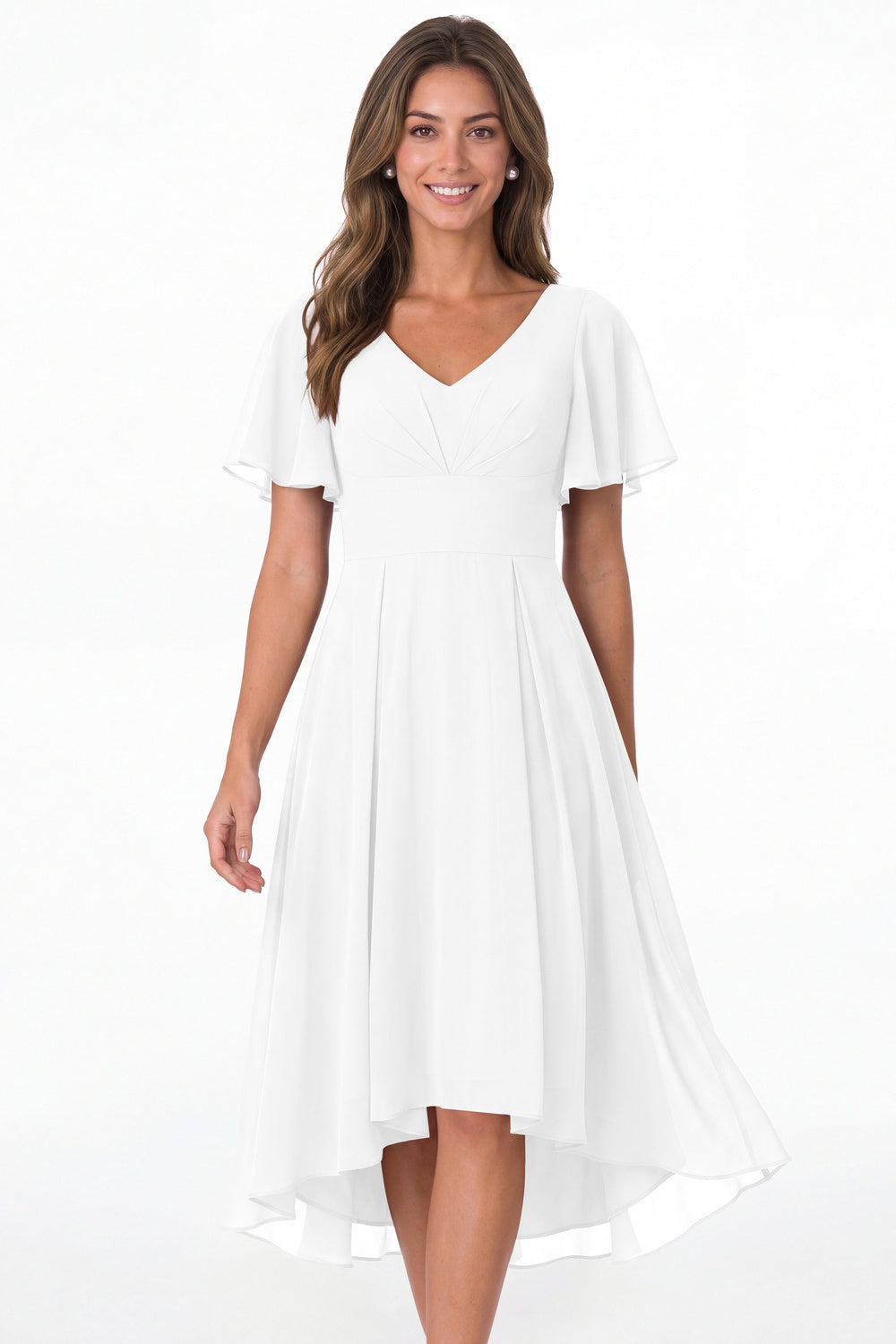 White V Neck High Low Flutter Sleeve Chiffon Midi Dress - Front View