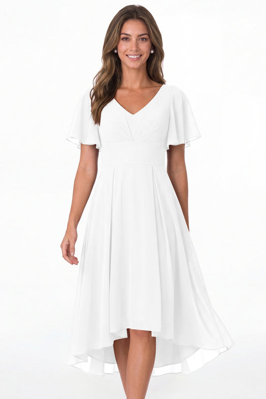 White V Neck High Low Flutter Sleeve Chiffon Midi Dress - Front View