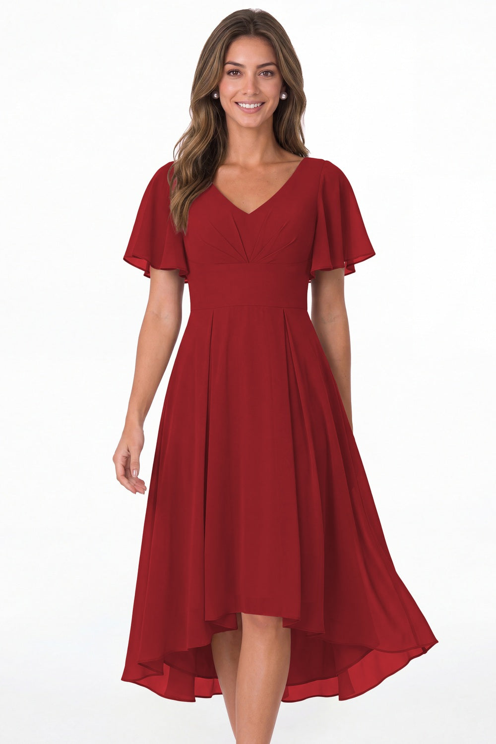 Wine Red V Neck High Low Flutter Sleeve Chiffon Midi Dress - Front View