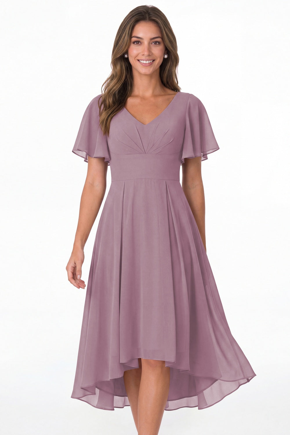 Wisteria V Neck High Low Flutter Sleeve Chiffon Midi Dress - Front View