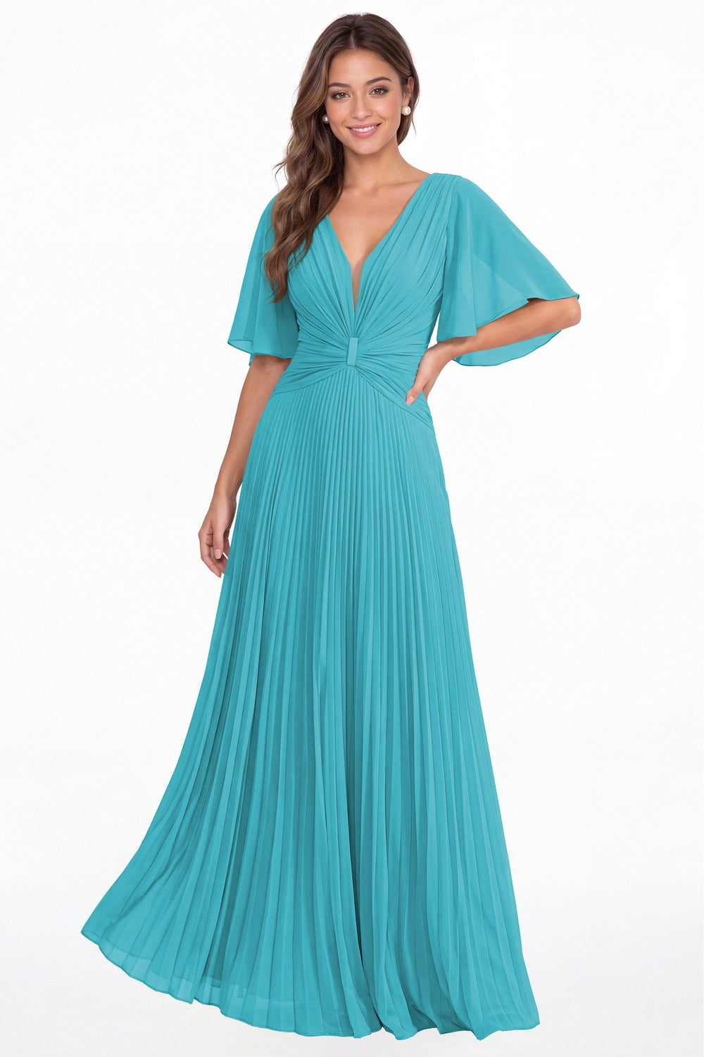 Aqua Blue V Neck Flutter Sleeve Pleated Chiffon Maxi Dress - Front View