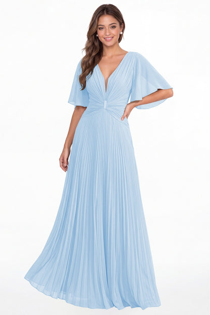 Baby Blue V Neck Flutter Sleeve Pleated Chiffon Maxi Dress - Front View