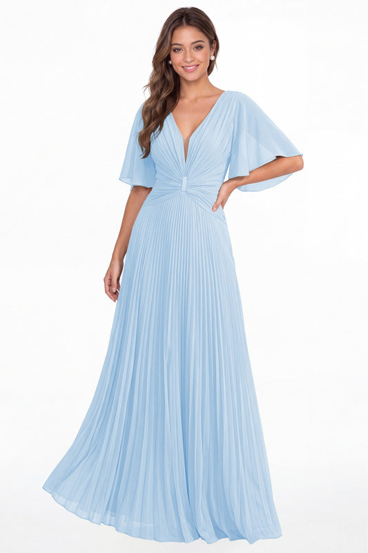 Baby Blue V Neck Flutter Sleeve Pleated Chiffon Maxi Dress - Front View