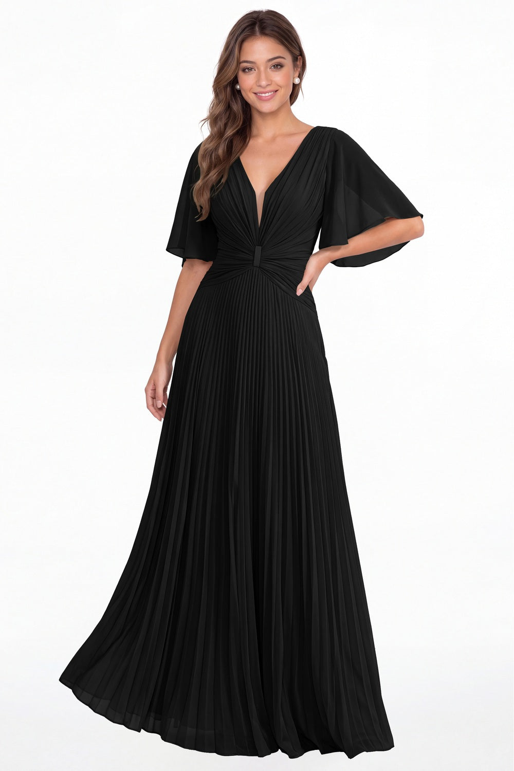 Black V Neck Flutter Sleeve Pleated Chiffon Maxi Dress - Front View