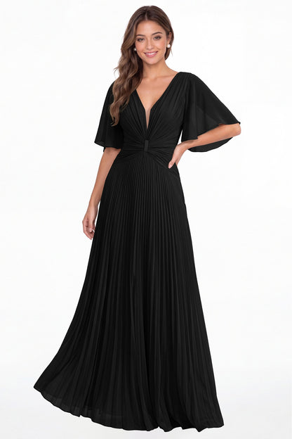 Black V Neck Flutter Sleeve Pleated Chiffon Maxi Dress - Front View