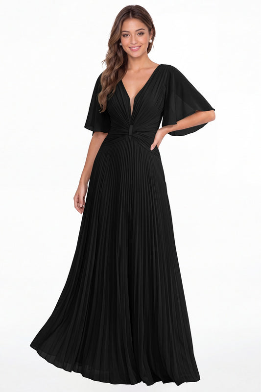 Black V Neck Flutter Sleeve Pleated Chiffon Maxi Dress - Front View