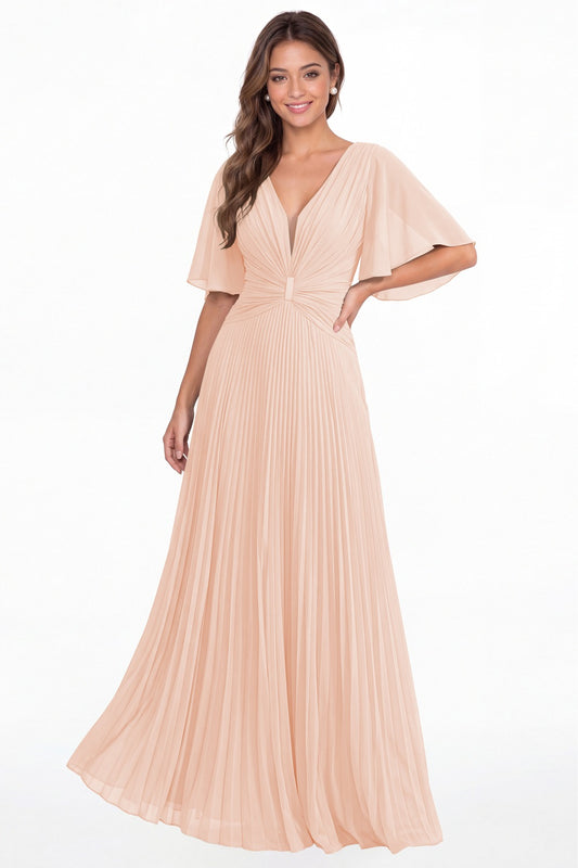 Blush Pink V Neck Flutter Sleeve Pleated Chiffon Maxi Dress - Front View