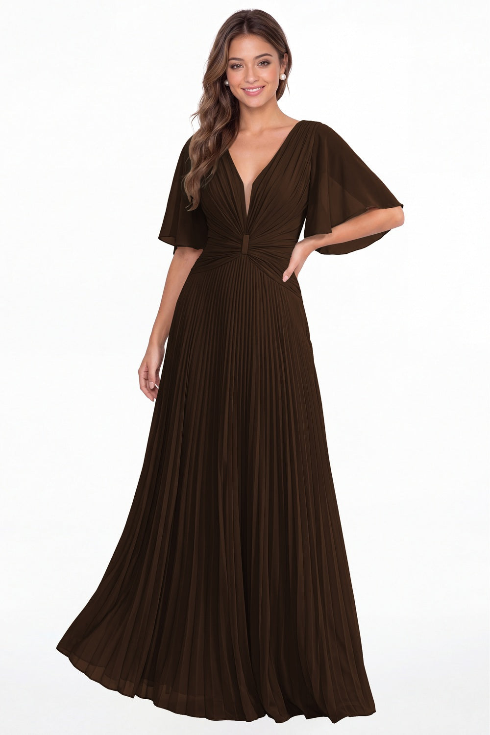 Brown V Neck Flutter Sleeve Pleated Chiffon Maxi Dress - Front View