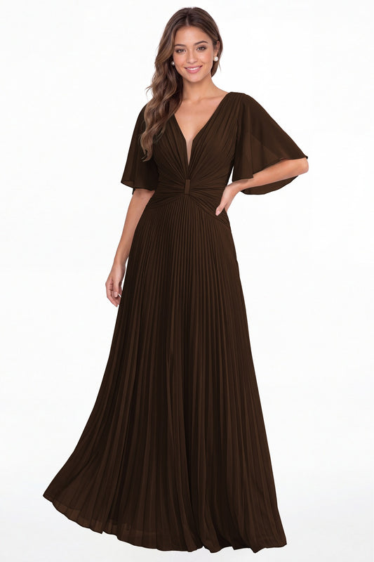 Brown V Neck Flutter Sleeve Pleated Chiffon Maxi Dress - Front View