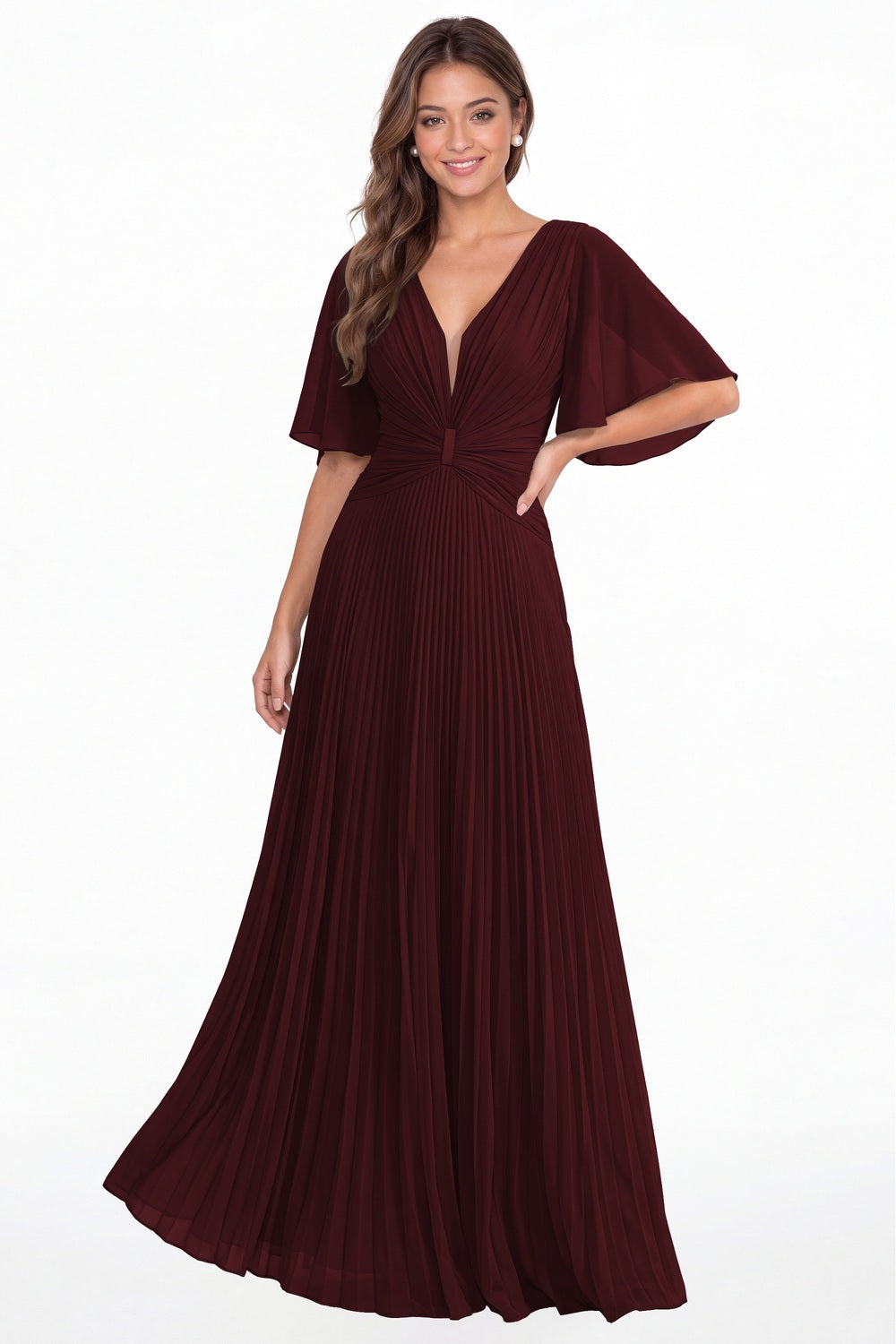 Burgundy V Neck Flutter Sleeve Pleated Chiffon Maxi Dress - Front View