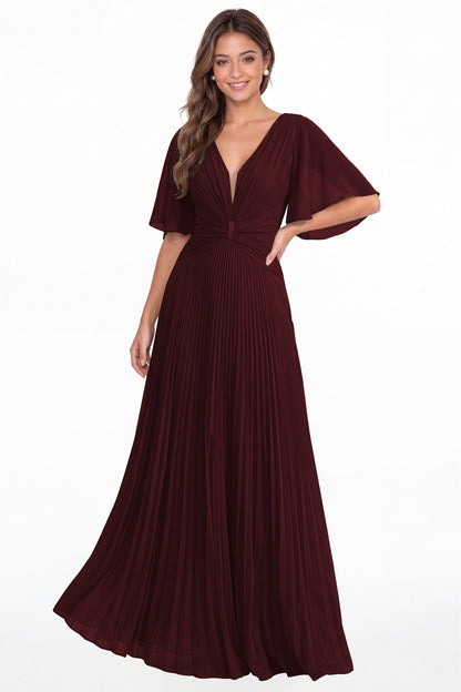 Burgundy V Neck Flutter Sleeve Pleated Chiffon Maxi Dress - Front View
